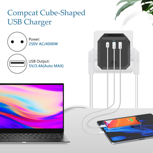 USB-Steckdosenleiste, 7-in-1-Doppelstecker, Steckdosenadapter (4000W/16A) mit Schalter, Steckdosenadapter mit 3 USB (5V/3.4A), für Büro, Zuhause, Schwarz