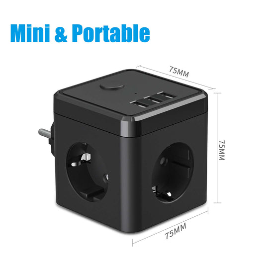 USB-Steckdosenleiste, 6-in-1-Doppelstecker-Adapter, Steckdose (2400W/10A) mit Schalter, Steckdosenadapter mit 3 USB-Anschlüssen (5V/3.4A), für Büro, Zuhause, Schwarz