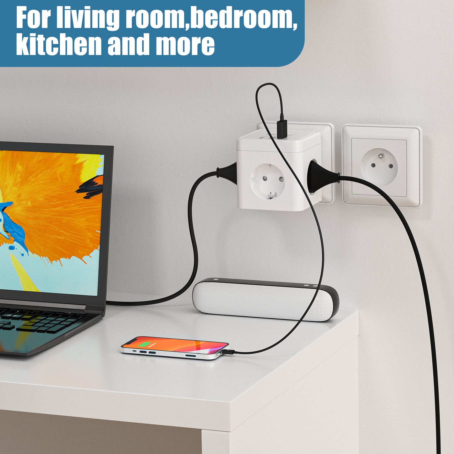 Socket cube with USB, double plug socket adapter, white