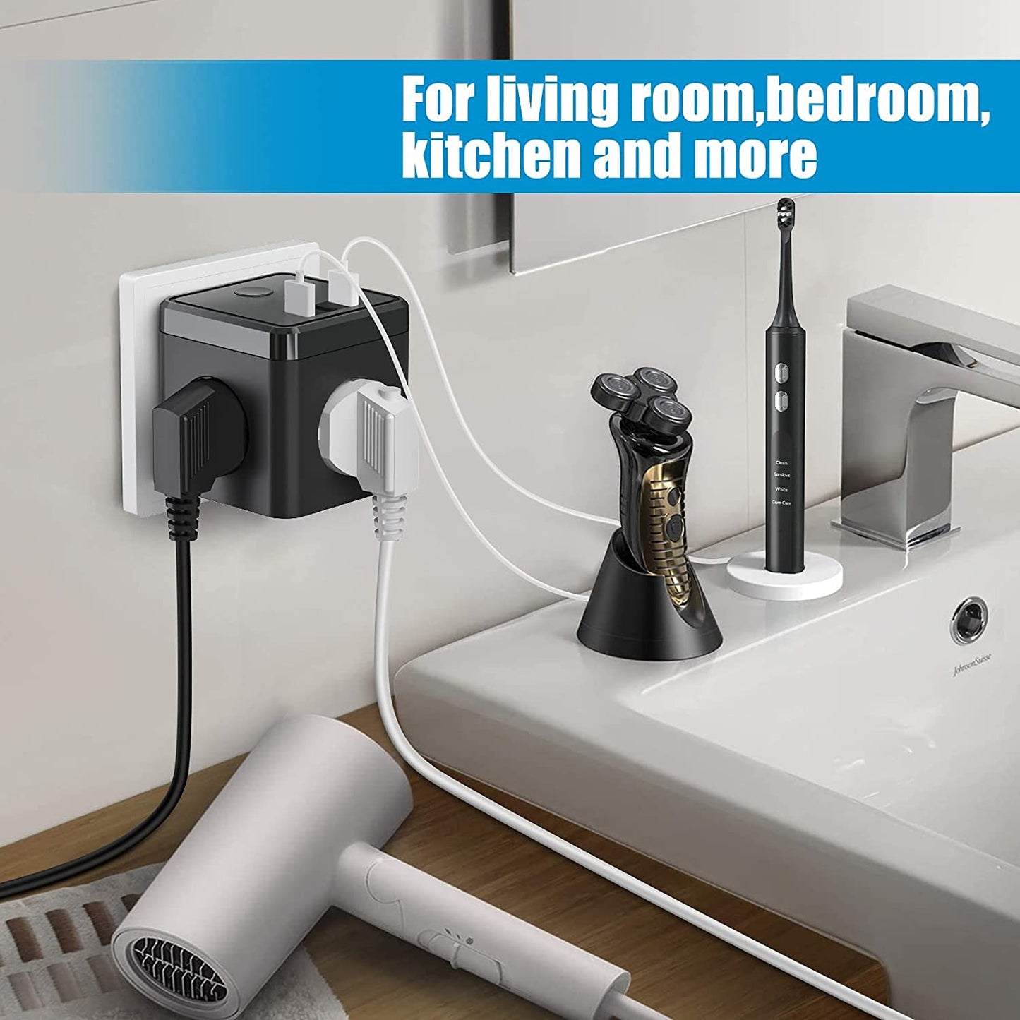 USB-Steckdosenleiste, 6-in-1-Doppelstecker-Adapter, Steckdose (2400W/10A) mit Schalter, Steckdosenadapter mit 3 USB-Anschlüssen (5V/3.4A), für Büro, Zuhause, Schwarz