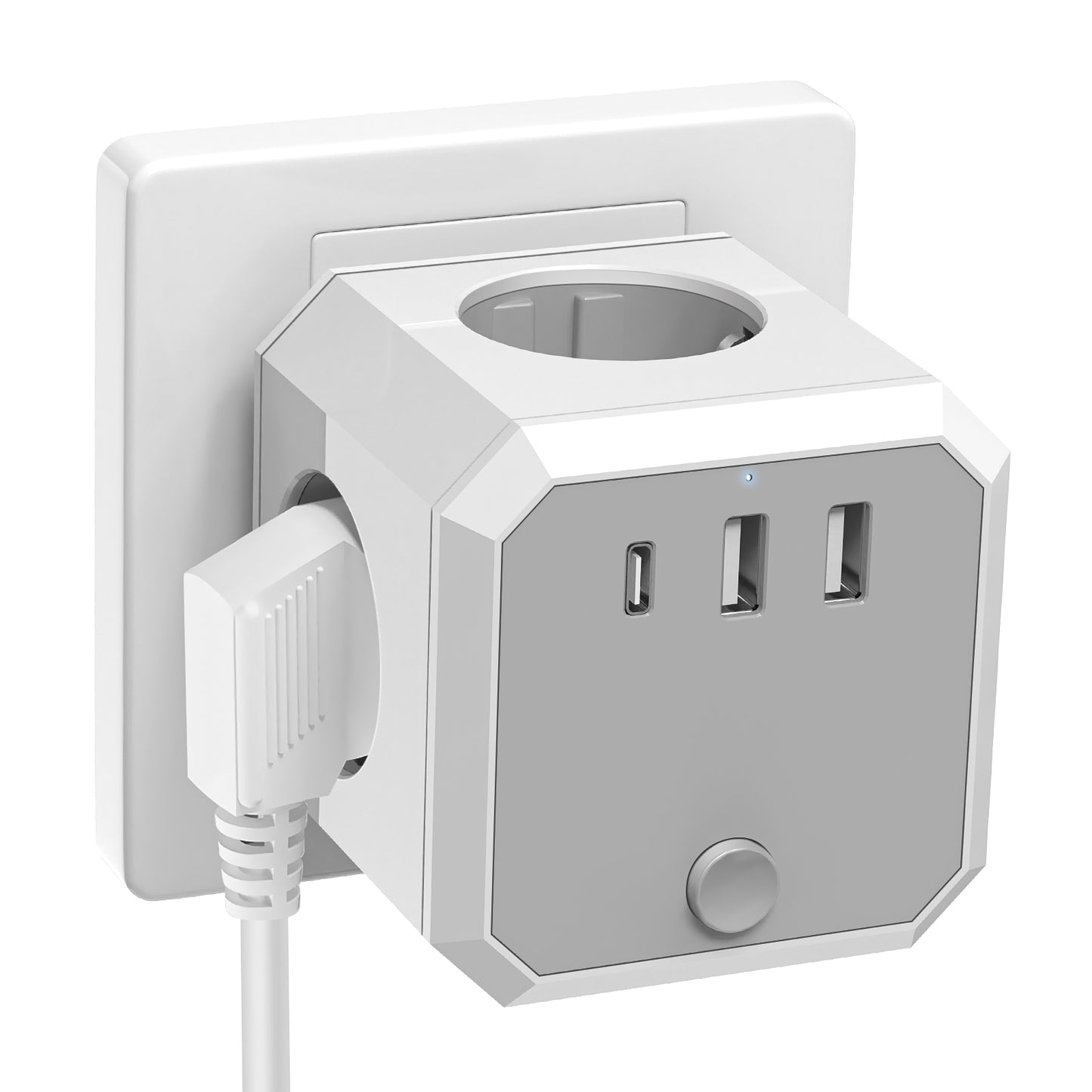 USB-Steckdosenleiste, 7-in-1 Doppelstecker, Steckdosenadapter (4000W/16A) mit Schalter, Steckdosenadapter mit 3 USB (5V/3.4A), für Büro, Zuhause, Weiß
