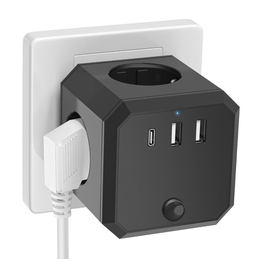 USB-Steckdosenleiste, 7-in-1-Doppelstecker, Steckdosenadapter (4000W/16A) mit Schalter, Steckdosenadapter mit 3 USB (5V/3.4A), für Büro, Zuhause, Schwarz