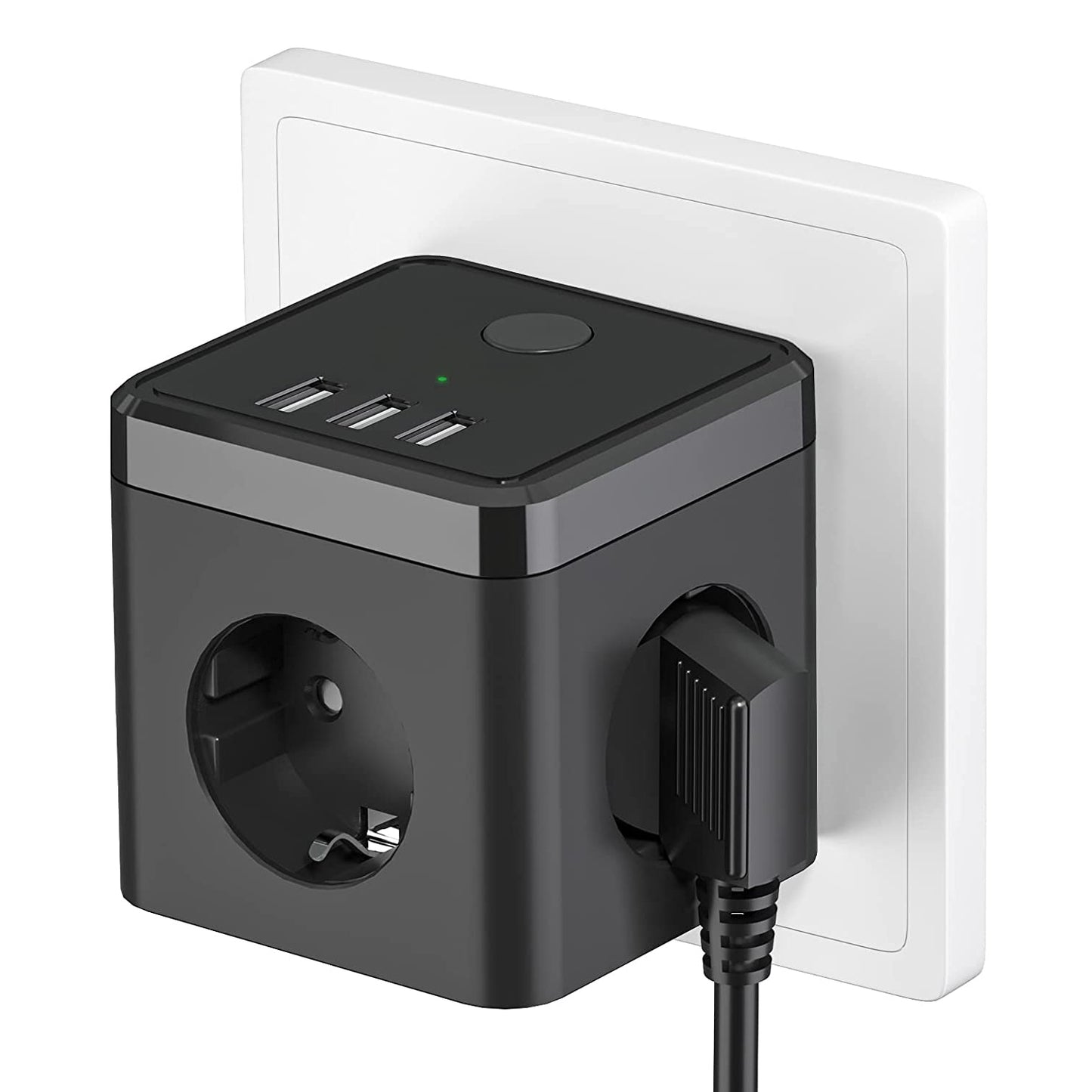 USB-Steckdosenleiste, 6-in-1-Doppelstecker-Adapter, Steckdose (2400W/10A) mit Schalter, Steckdosenadapter mit 3 USB-Anschlüssen (5V/3.4A), für Büro, Zuhause, Schwarz