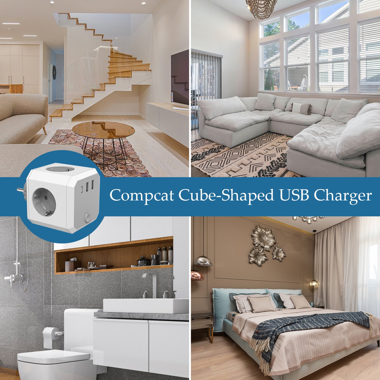 USB-Steckdosenleiste, 7-in-1 Doppelstecker, Steckdosenadapter (4000W/16A) mit Schalter, Steckdosenadapter mit 3 USB (5V/3.4A), für Büro, Zuhause, Weiß
