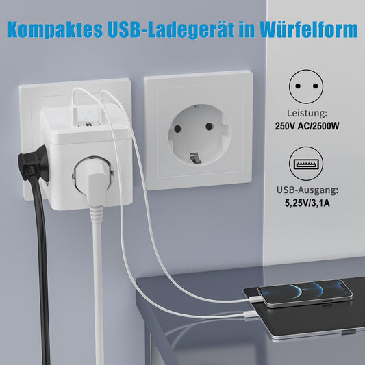 Socket cube with USB, double plug socket adapter, white