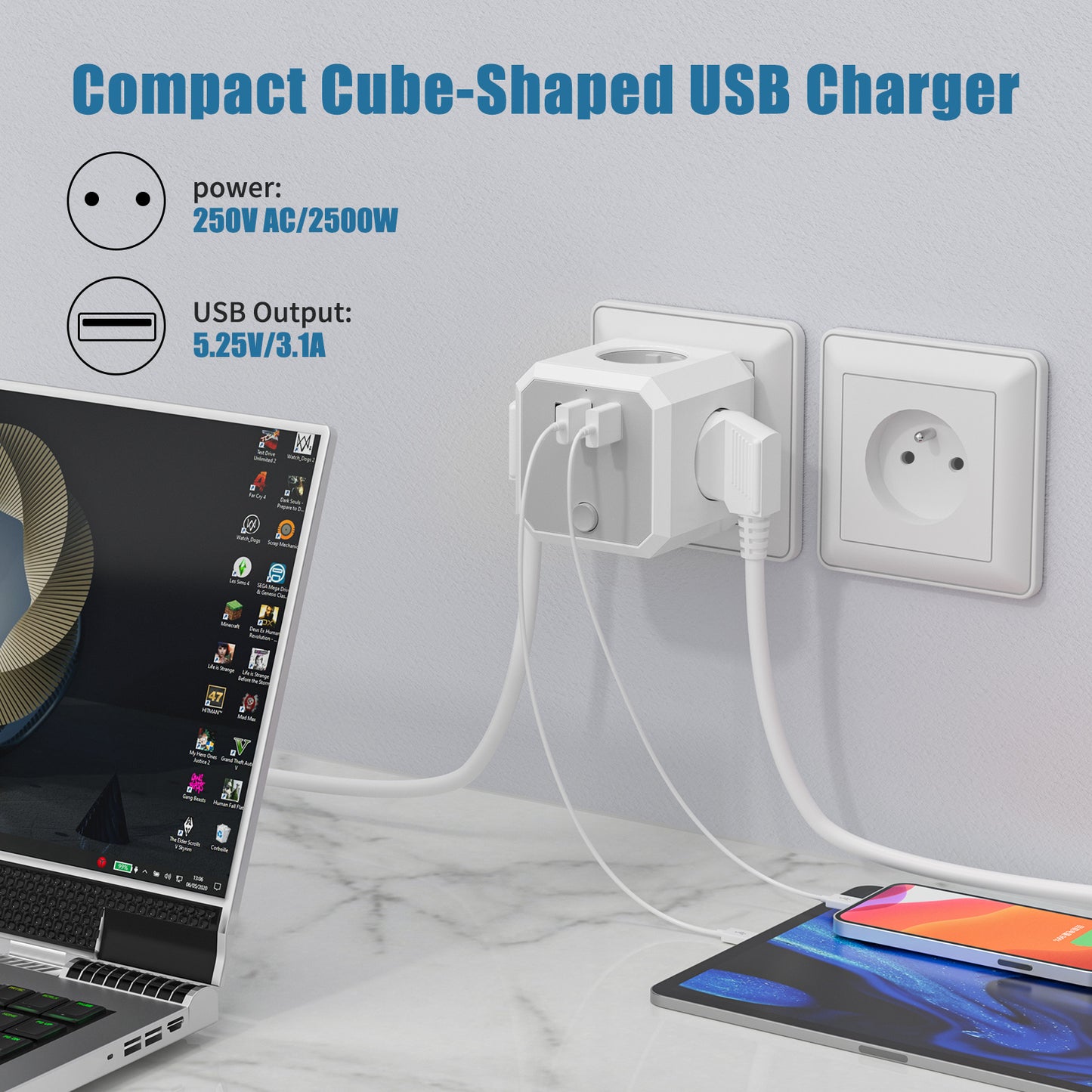 USB-Steckdosenleiste, 7-in-1 Doppelstecker, Steckdosenadapter (4000W/16A) mit Schalter, Steckdosenadapter mit 3 USB (5V/3.4A), für Büro, Zuhause, Weiß