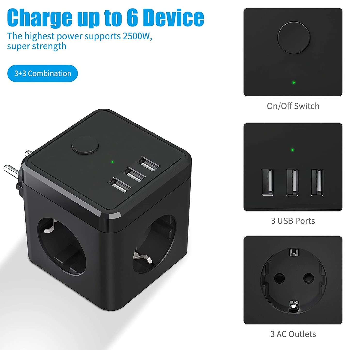USB-Steckdosenleiste, 6-in-1-Doppelstecker-Adapter, Steckdose (2400W/10A) mit Schalter, Steckdosenadapter mit 3 USB-Anschlüssen (5V/3.4A), für Büro, Zuhause, Schwarz