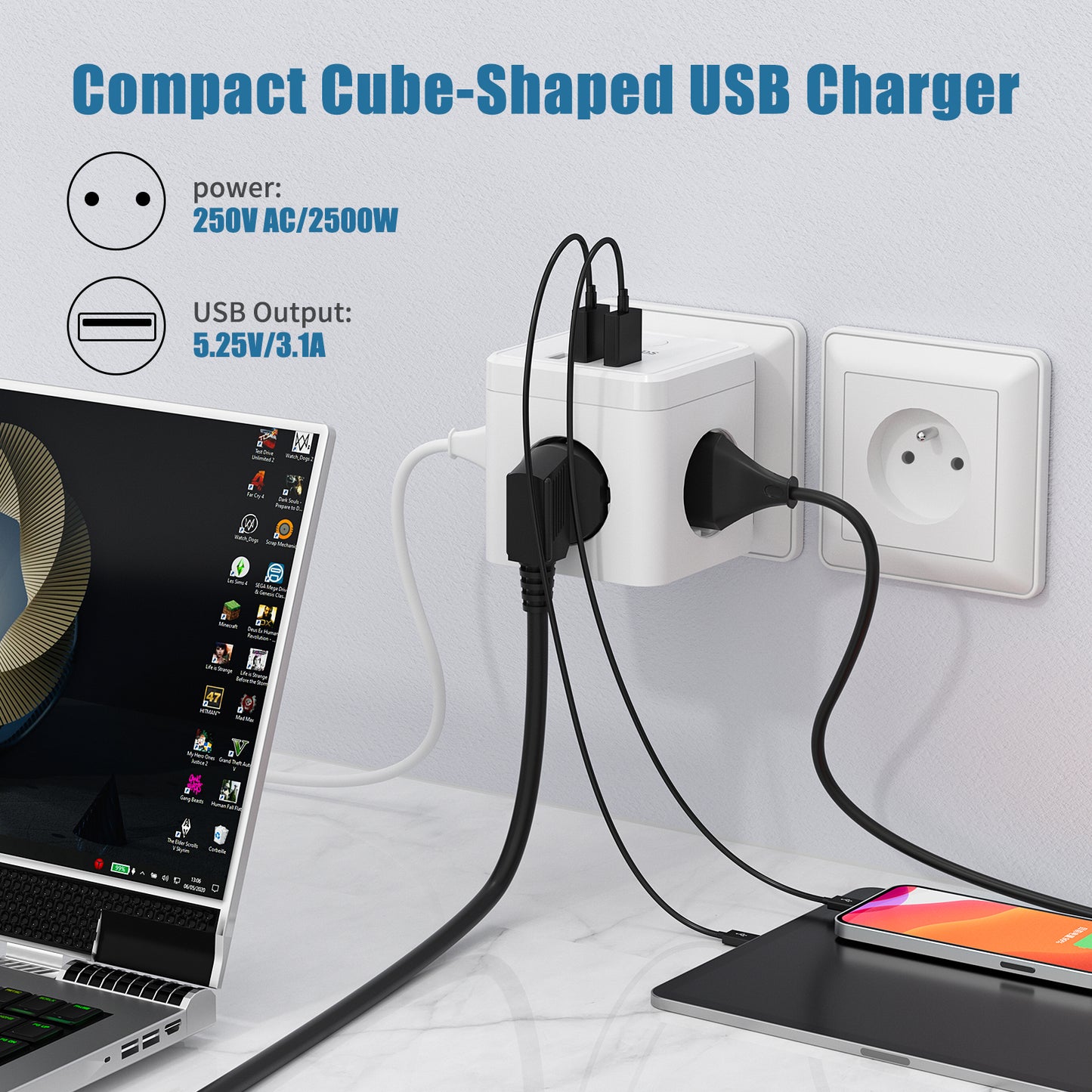 Socket cube with USB, double plug socket adapter, white