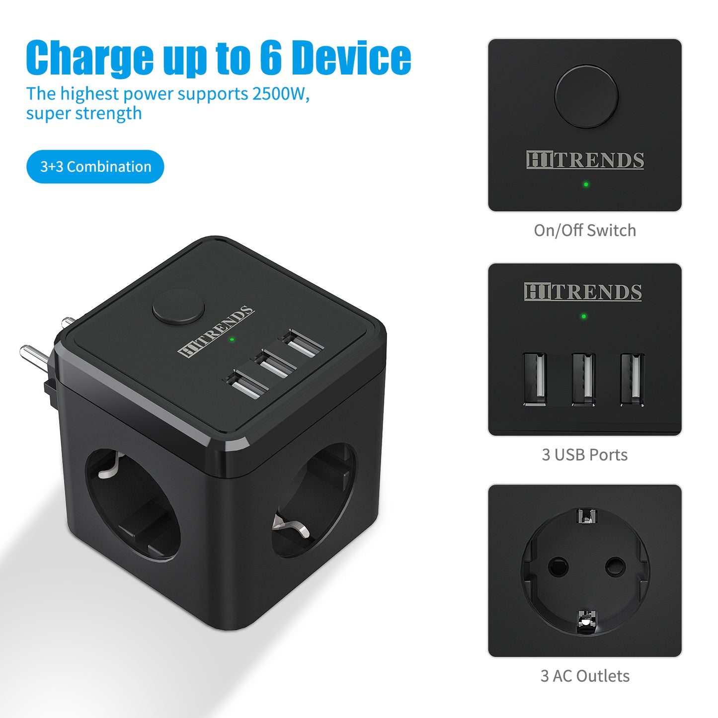 Steckdosenwürfel mit USB, Doppelstecker Steckdosenadapter, Schwarz