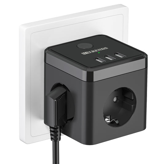 Steckdosenwürfel mit USB, Doppelstecker Steckdosenadapter, Schwarz