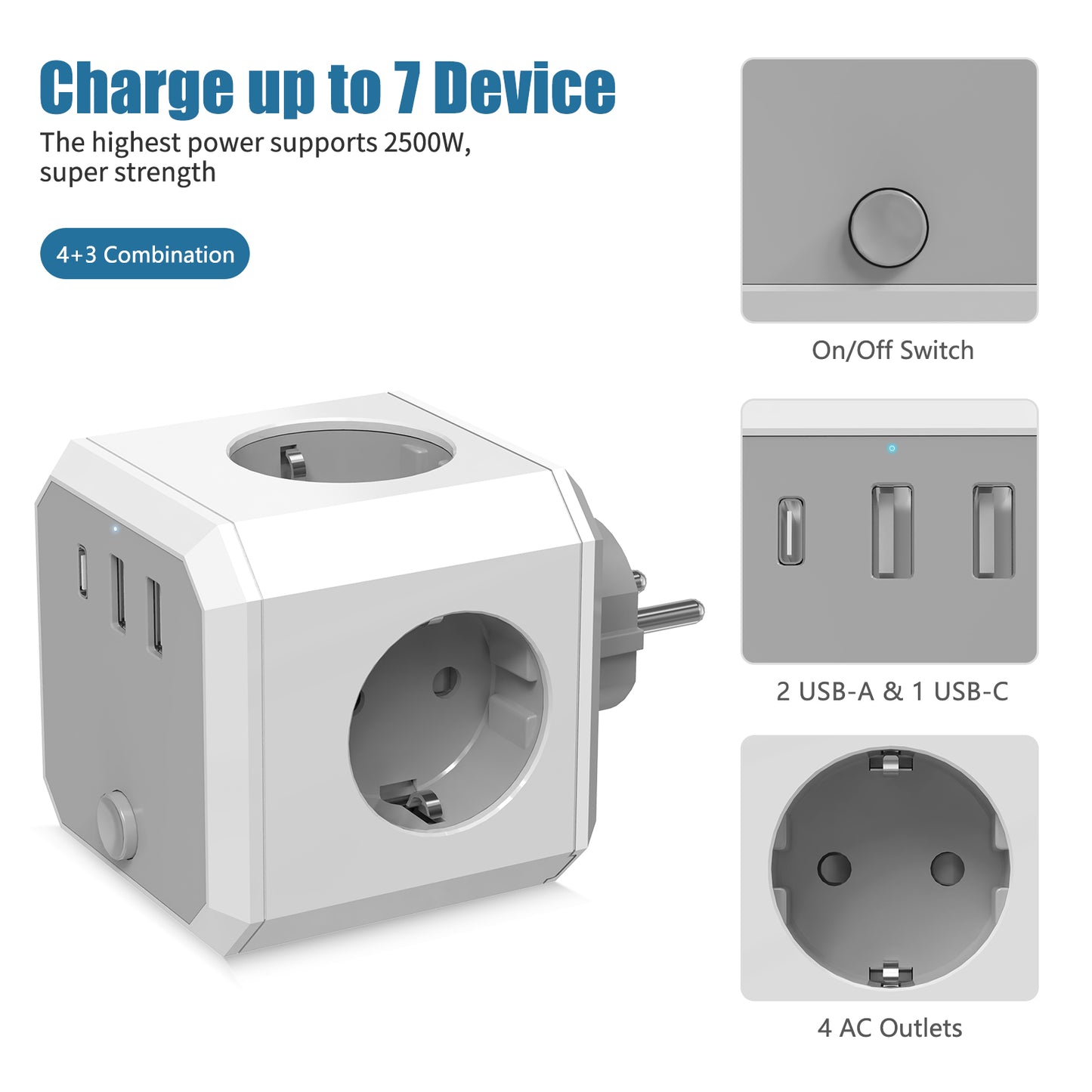 USB-Steckdosenleiste, 7-in-1 Doppelstecker, Steckdosenadapter (4000W/16A) mit Schalter, Steckdosenadapter mit 3 USB (5V/3.4A), für Büro, Zuhause, Weiß