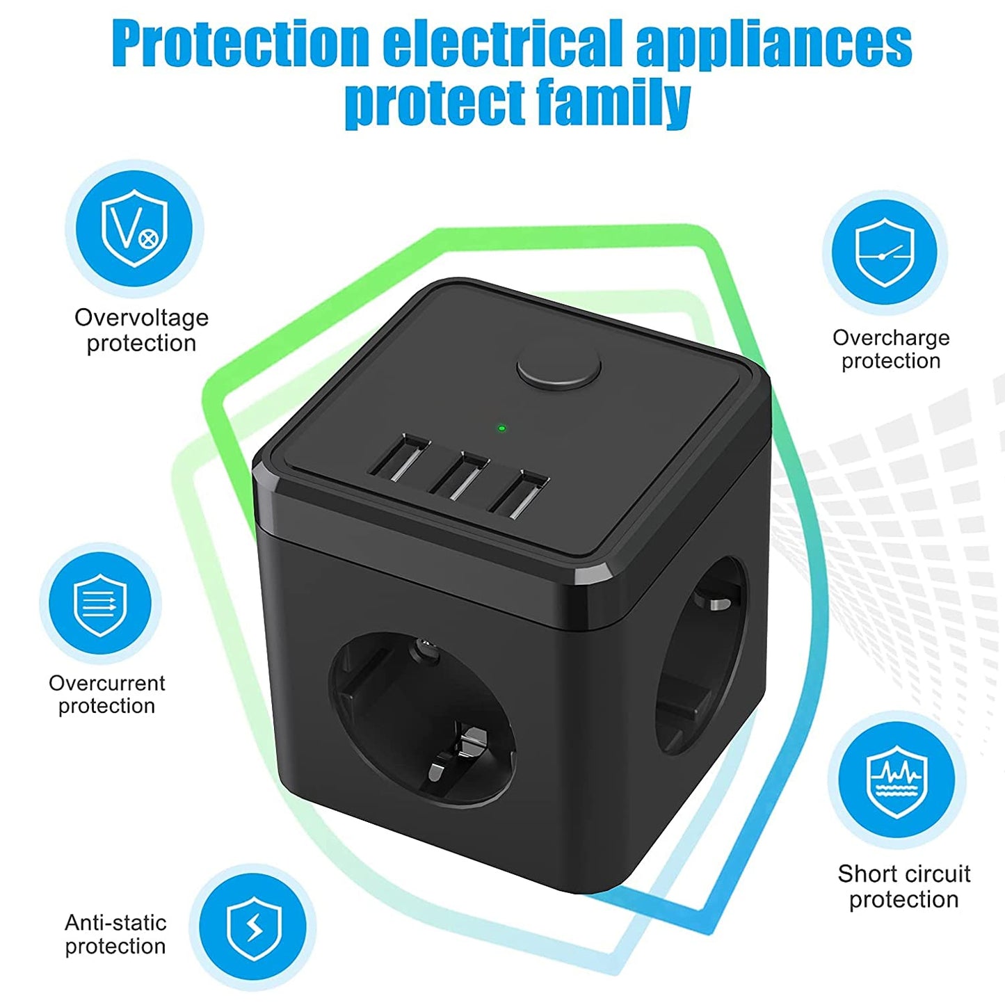 USB-Steckdosenleiste, 6-in-1-Doppelstecker-Adapter, Steckdose (2400W/10A) mit Schalter, Steckdosenadapter mit 3 USB-Anschlüssen (5V/3.4A), für Büro, Zuhause, Schwarz