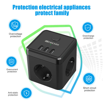 Steckdosenwürfel mit USB, Doppelstecker Steckdosenadapter, Schwarz