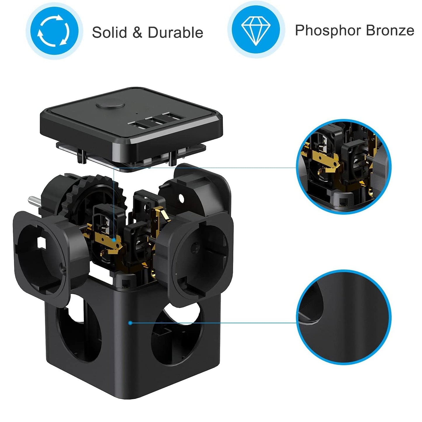USB-Steckdosenleiste, 6-in-1-Doppelstecker-Adapter, Steckdose (2400W/10A) mit Schalter, Steckdosenadapter mit 3 USB-Anschlüssen (5V/3.4A), für Büro, Zuhause, Schwarz