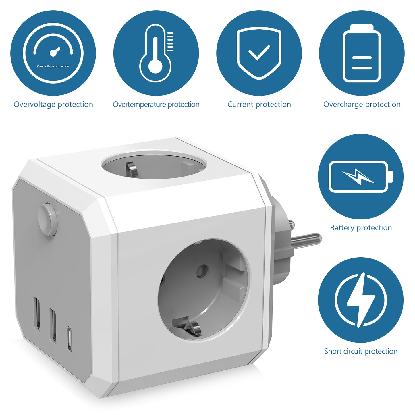 USB-Steckdosenleiste, 7-in-1 Doppelstecker, Steckdosenadapter (4000W/16A) mit Schalter, Steckdosenadapter mit 3 USB (5V/3.4A), für Büro, Zuhause, Weiß