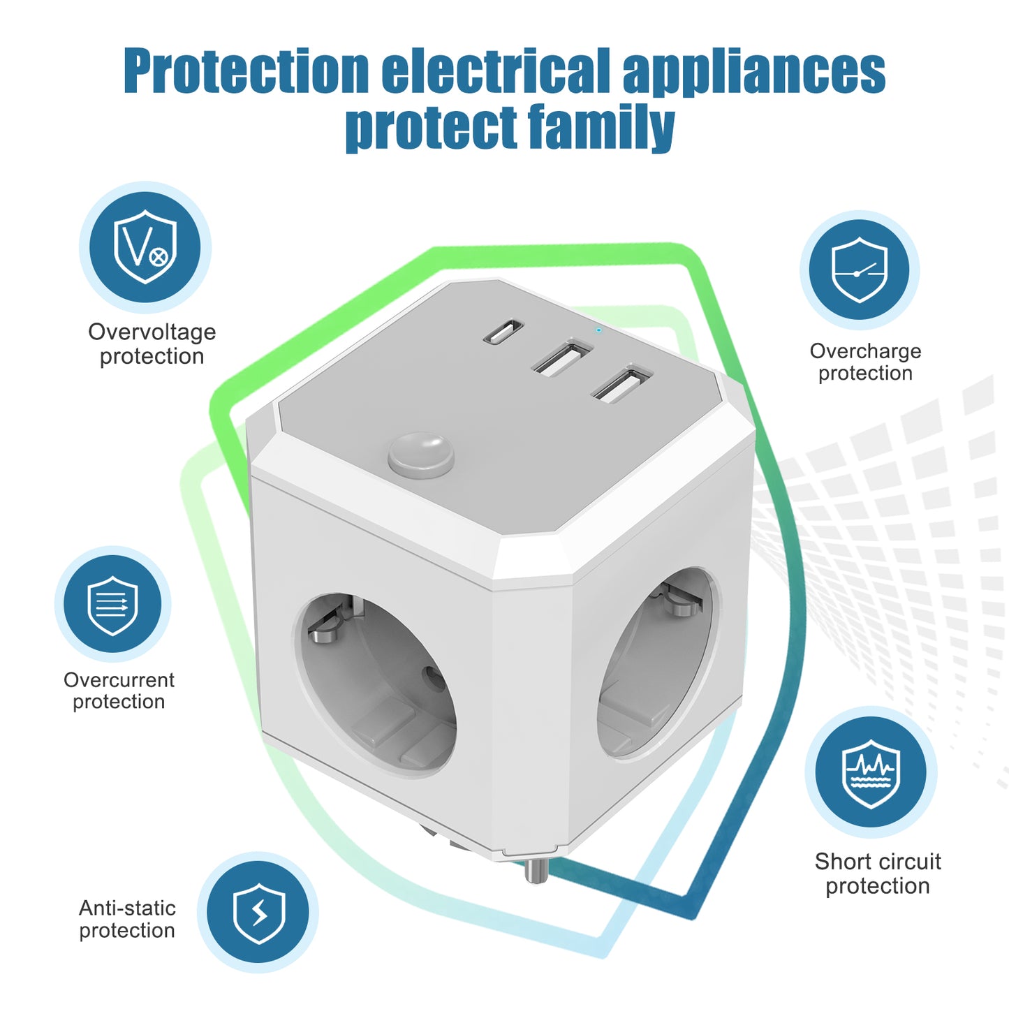 USB-Steckdosenleiste, 7-in-1 Doppelstecker, Steckdosenadapter (4000W/16A) mit Schalter, Steckdosenadapter mit 3 USB (5V/3.4A), für Büro, Zuhause, Weiß