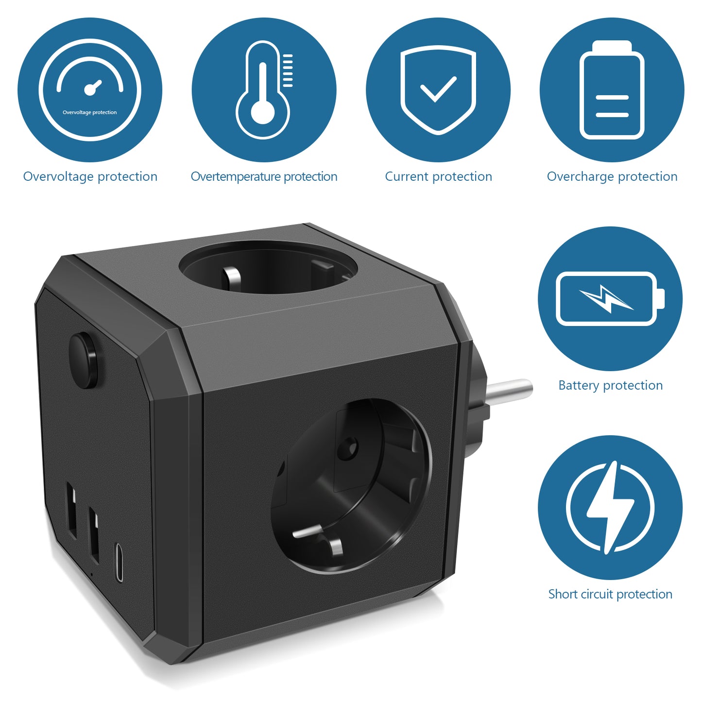 USB-Steckdosenleiste, 7-in-1-Doppelstecker, Steckdosenadapter (4000W/16A) mit Schalter, Steckdosenadapter mit 3 USB (5V/3.4A), für Büro, Zuhause, Schwarz