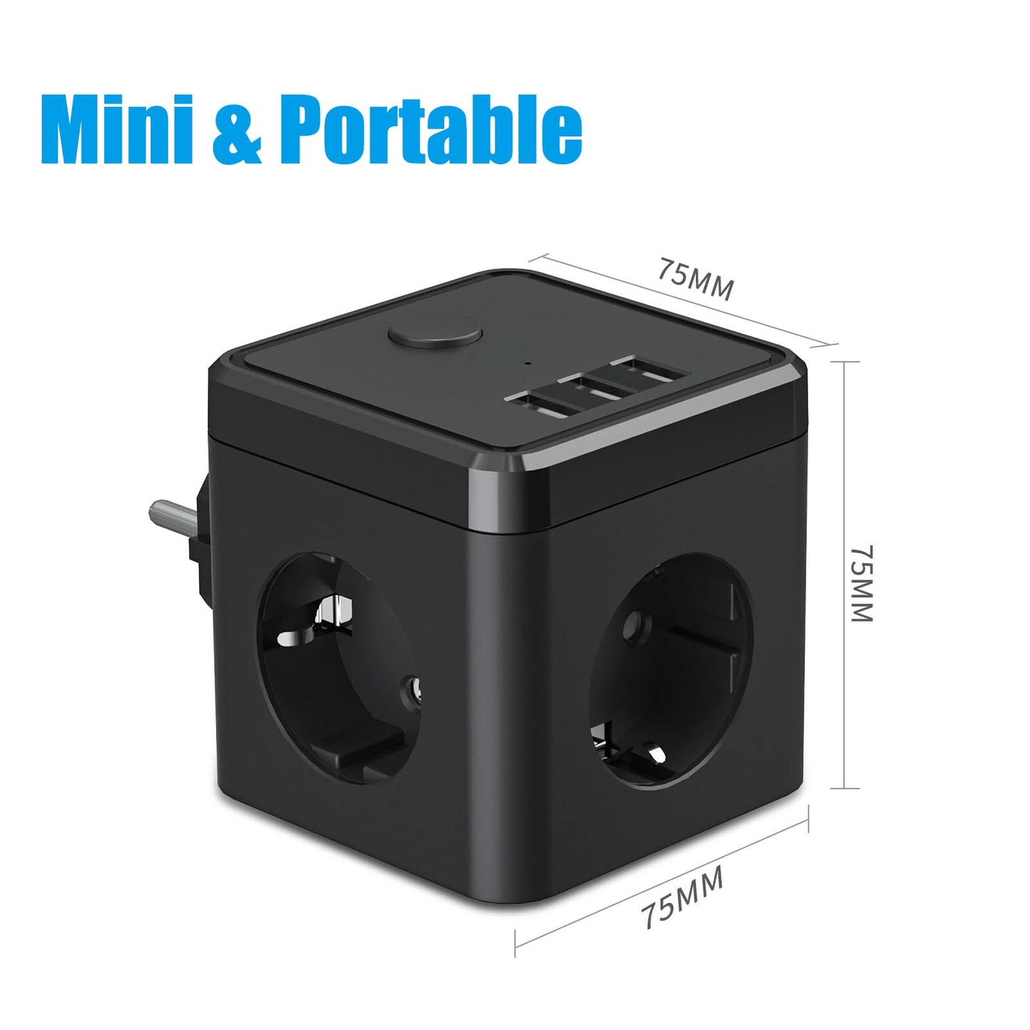 USB-Steckdosenleiste, 6-in-1-Doppelstecker-Adapter, Steckdose (2400W/10A) mit Schalter, Steckdosenadapter mit 3 USB-Anschlüssen (5V/3.4A), für Büro, Zuhause, Schwarz