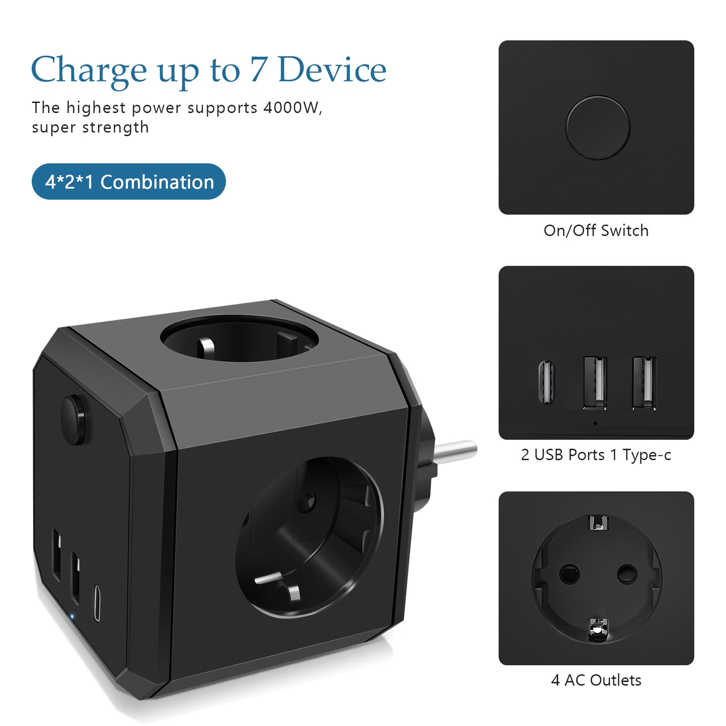 USB-Steckdosenleiste, 7-in-1-Doppelstecker, Steckdosenadapter (4000W/16A) mit Schalter, Steckdosenadapter mit 3 USB (5V/3.4A), für Büro, Zuhause, Schwarz