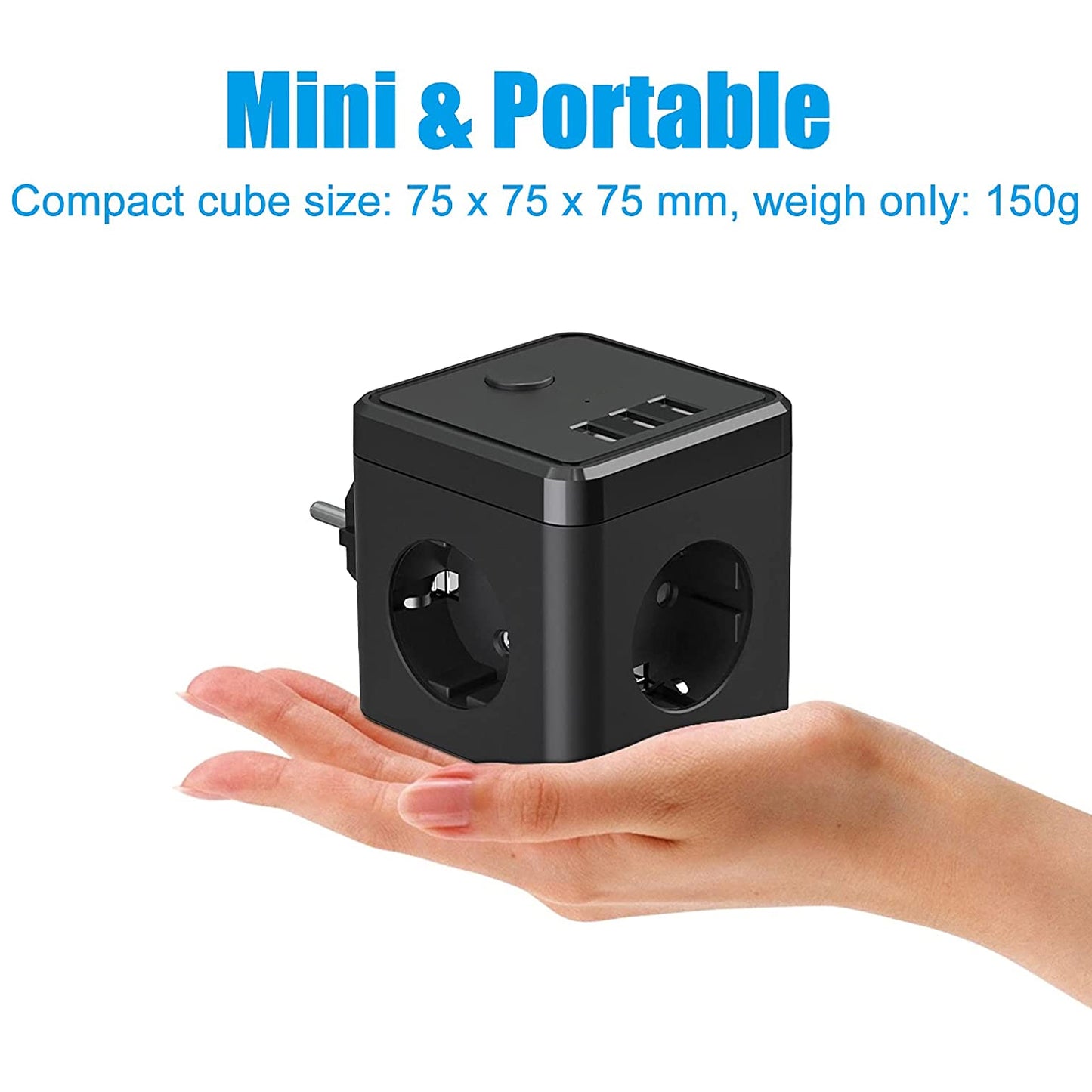 USB-Steckdosenleiste, 6-in-1-Doppelstecker-Adapter, Steckdose (2400W/10A) mit Schalter, Steckdosenadapter mit 3 USB-Anschlüssen (5V/3.4A), für Büro, Zuhause, Schwarz