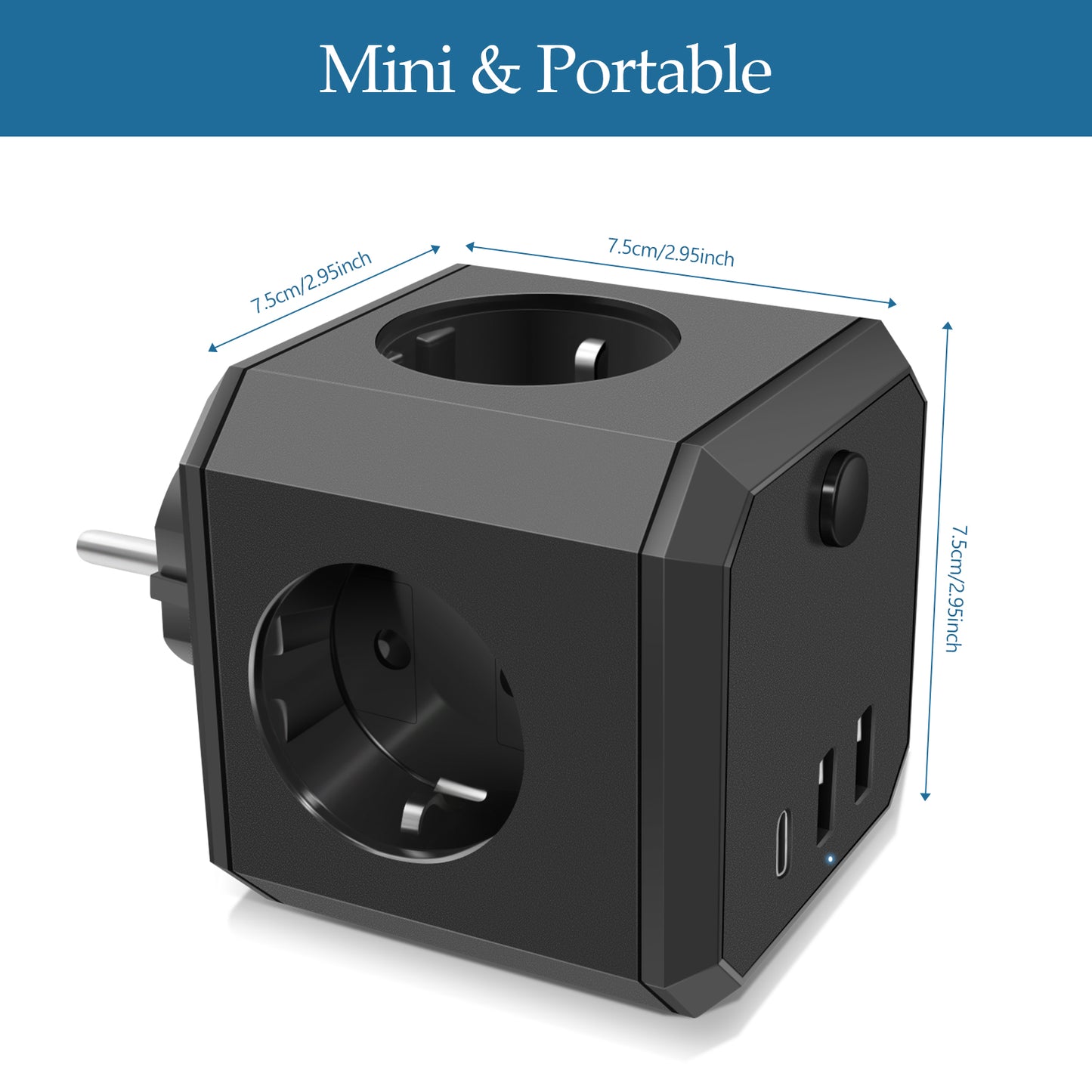 USB-Steckdosenleiste, 7-in-1-Doppelstecker, Steckdosenadapter (4000W/16A) mit Schalter, Steckdosenadapter mit 3 USB (5V/3.4A), für Büro, Zuhause, Schwarz