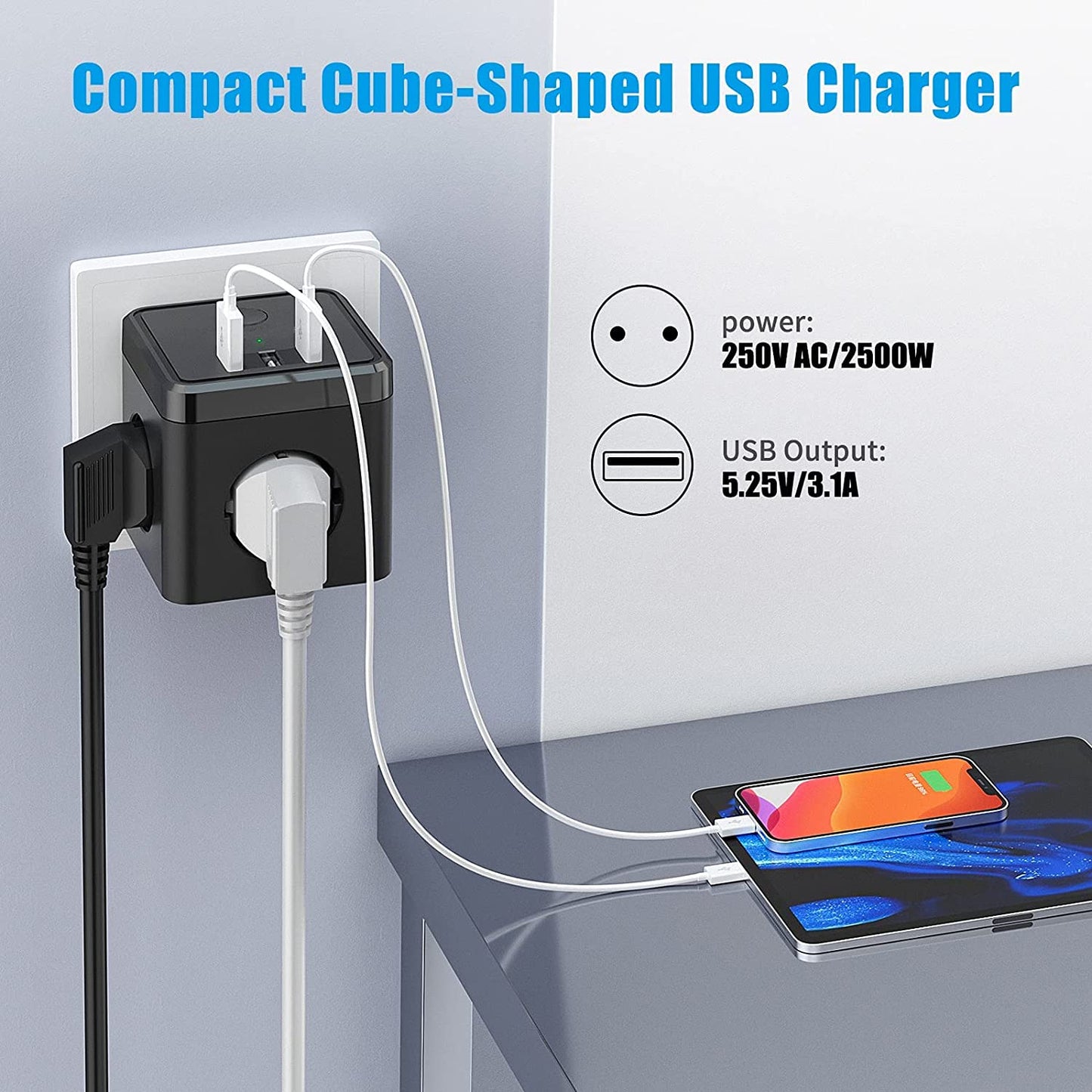 USB-Steckdosenleiste, 6-in-1-Doppelstecker-Adapter, Steckdose (2400W/10A) mit Schalter, Steckdosenadapter mit 3 USB-Anschlüssen (5V/3.4A), für Büro, Zuhause, Schwarz
