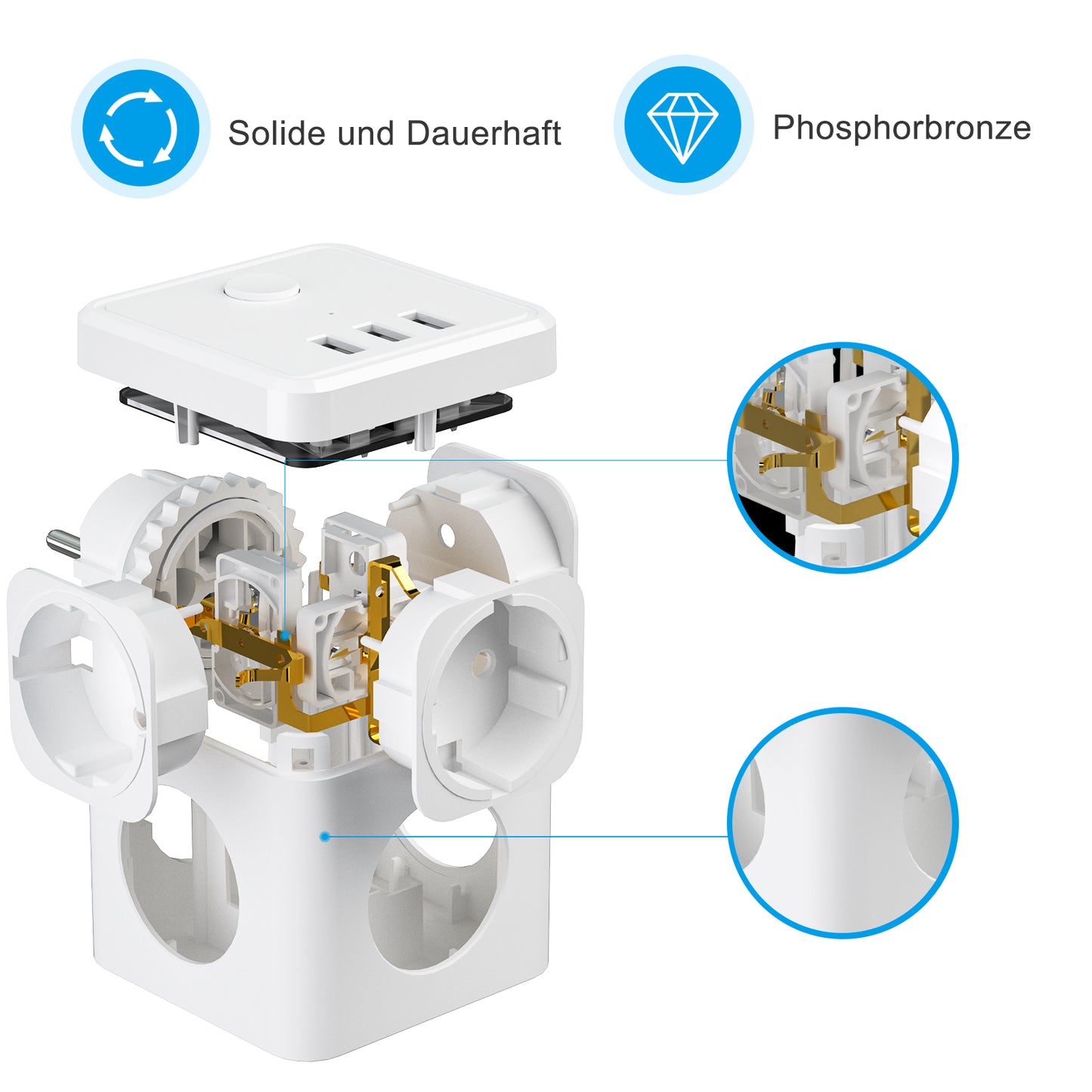 Socket cube with USB, double plug socket adapter, white