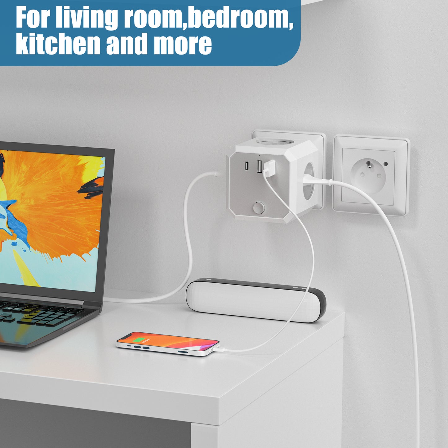 USB-Steckdosenleiste, 7-in-1 Doppelstecker, Steckdosenadapter (4000W/16A) mit Schalter, Steckdosenadapter mit 3 USB (5V/3.4A), für Büro, Zuhause, Weiß