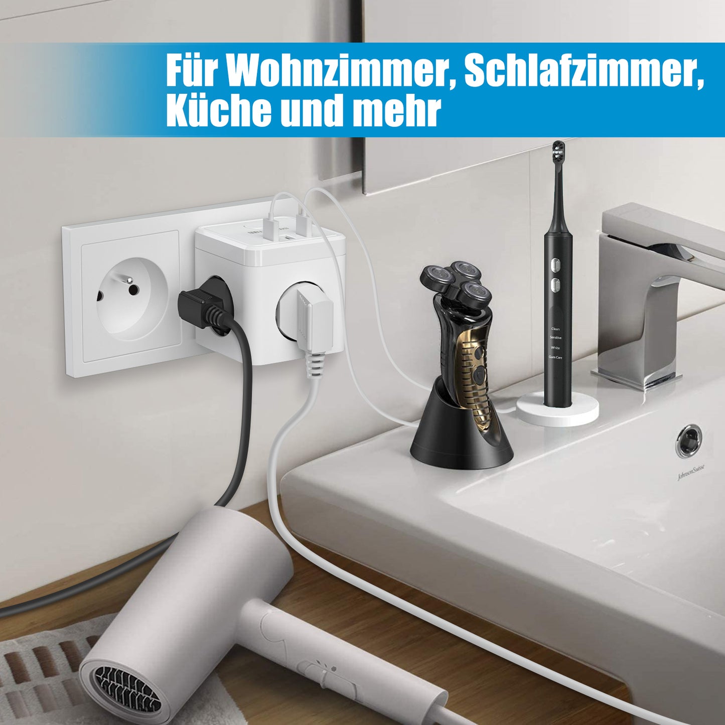 Socket cube with USB, double plug socket adapter, white